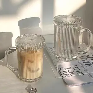 Clear Glass Coffee Mug Handle 13oz Vertical Stripes Glass Tea Cup For Latte Cappuccino