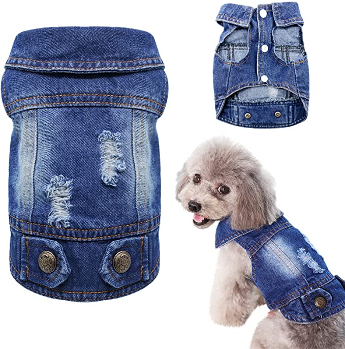 Pet Clothes Dog Jeans Jacket Cool Blue Denim Coat Small Medium Dogs Lapel Vests Classic Hoodies Puppy Vintage Washed Clothes