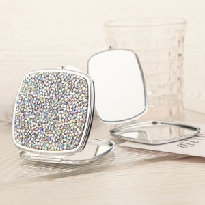 Bling Rhinestone <b>Square</b> Compact <b>Mirror</b> Rounded Edge Silver Electroplated Metal Frame Dual Sided HD Glass Pocket <b>Mirror</b> - Product Image 1