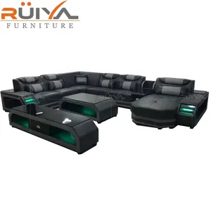 2021新款设计u形真皮沙发套装用于客厅佛山家具厂高品质分段沙发带led灯