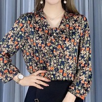Chemisiers en Chiffon à Manches Courtes pour Femmes Printemps Été Tops Imprimés Floraux Casual avec Col à Noeud Papillon Design Respirant