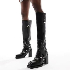 Chunky Heels Knight Shoes Women Square Toe Cowboy Knee High <b>Boots</b> Rivets Metal Chain Long Booties Custom Style - Product Image 1