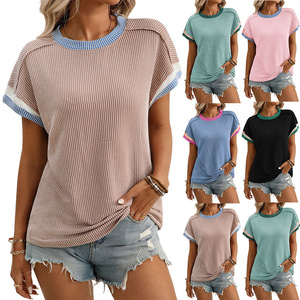 Camiseta Casual de Verano para Mujer, Cuello Redondo, Costura Exterior Trenzada, Manga Corta, Holgada, de Algodón Suave - Product Image 1