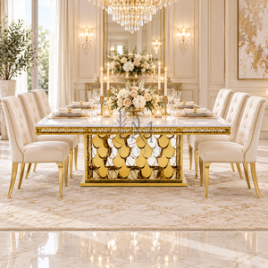 Mesa de Comedor Premium de Acero Inoxidable Dorado con Cubierta Blanca y Base Decorativa en Escalón, Proveedor Mayorista para Banquetes de Boda - Product Image 5