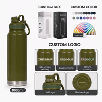 Bouteille d'eau isotherme en acier inoxydable personnalisable de 1 L avec isolation sous vide, bouteille de sport thermique pour le sport en plein air, la salle de sport, les voyages et le camping