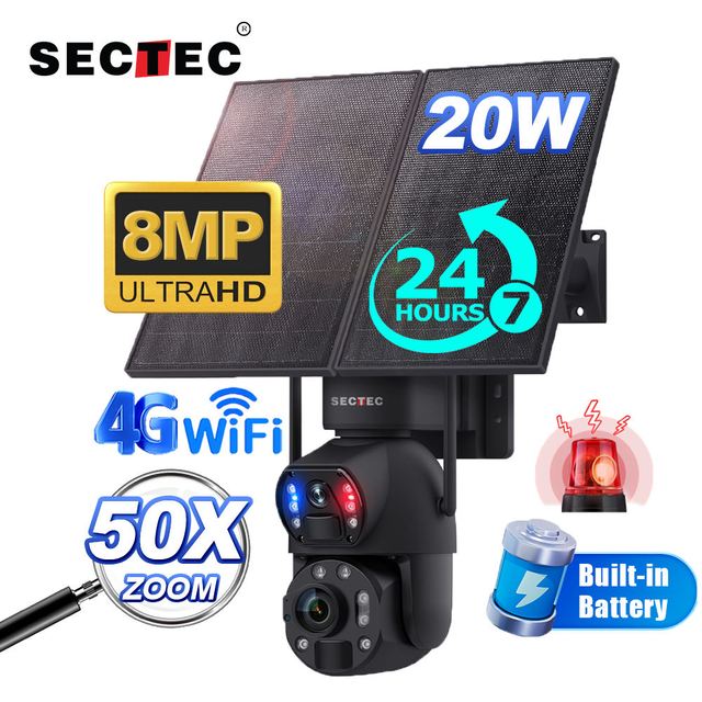 Dual Lens 20W Zoom WIFI Solar Camera AI Full Time Recording AOV 20000mAh Battery IP66 Dual PIR CCTV Security Camera