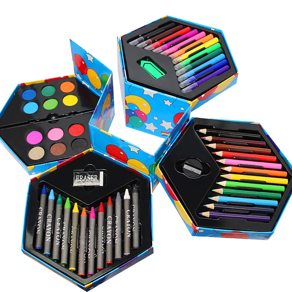 Groothandel Zeshoekige 4-Layer Kartonnen Verpakking Custom Kunst En Ambachten Kids Tekening Kunst Briefpapier Set