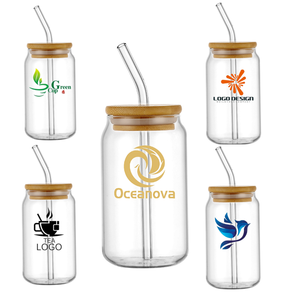 Vaso de Cerveza de Borosilicato de 16 oz con Logotipo Personalizado, en Forma de Lata, para Té, con Tapa de Bambú y Pajita de Vidrio - Product Image 6