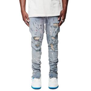 Pantalones Ajustados de <span class=keywords><strong>Tela</strong></span> para Hombre, Estilo Hip Hop, Pantalones de Moda Urbana Y2k, Lavado Claro Personalizado, Diseño Desgastado y Roto - Product Image 1