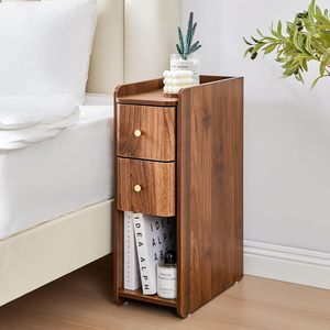 Set of 2 Narrow Wooden Nightstands, Slim 2-Drawer <strong>Bedside</strong> <strong>Tables</strong>, Mid Century Modern <strong>Skinny</strong> Side <strong>Tables</strong> for Bedroom Living Room - Product Image 1