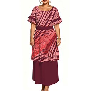 Conjunto de Dos Piezas Personalizable con Estampado Tribal Étnico de la Isla Oceánica Tapa, Blusa Holgada de Manga Corta con Volantes para Mujer - Product Image 2