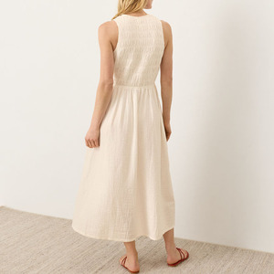 Women Smocked Midi Dress Casual Sleeveless Crew Neck Cotton A Line Flowy Maxi Dresses Women’s French Style Dress - Product Image 5