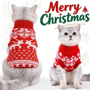 Pull en tricot pour animaux de compagnie de Noël, flocon de neige rouge, renne, col roulé sans manches, vêtements chauds de Noël pour petits chiens et chats, jacquard personnalisé - Product Image 1