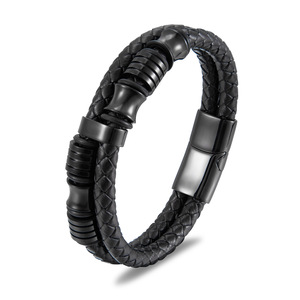 Foreign Trade Men's Double-layer Cowhide String Titanium Steel <b>Bracelet</b> Woven Handmade Multi-layer <b>Leather</b> <b>Bracelet</b> - Product Image 1