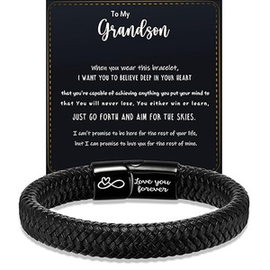 Bracelet magnétique tissé à la main pour hommes, en cuir noir avec gravure, cadeau pour petit-fils, motif cœur « Je t'aime pour toujours » - Product Image 1