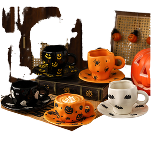 Creativo di <span class=keywords><strong>Halloween</strong></span> in porcellana tazza di caffè piattino personalità irregolare Pattern di pipistrello di zucca stile Japandi 300ml riutilizzabile - Product Image 4