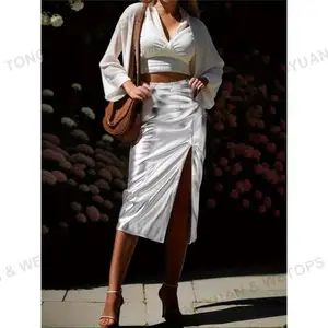 Fashion Street 2023 Straight Skirt Women Office Lady Split High Waist Skirts Brightly Silver Faux Leather Pu Skirts