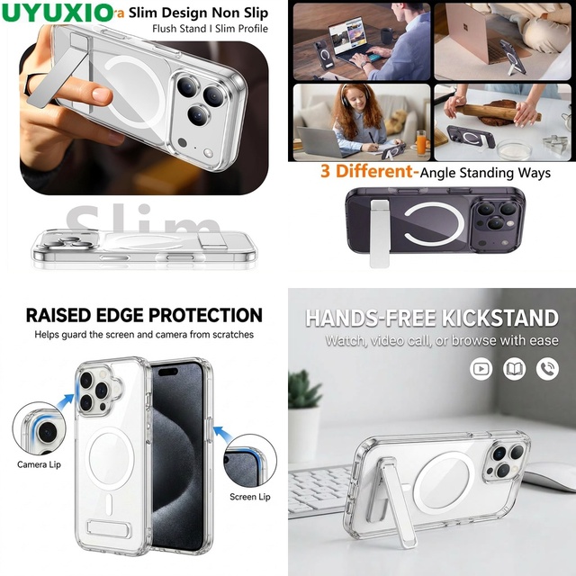 Clear Magnetic Kickstand Holder Case for iPhone 15 Pro Max 17 16 14 13 12 11 12 Mini 360 Degree Rotation & Scratch Resistant