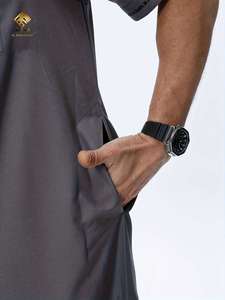Al Haramain <b>Men</b> <b>Thobe</b> Short Sleeve Cotton Robe Solid Color Breathable Ankle Length Round Neck Middle Eastern Style Prayer Wear - Product Image 3