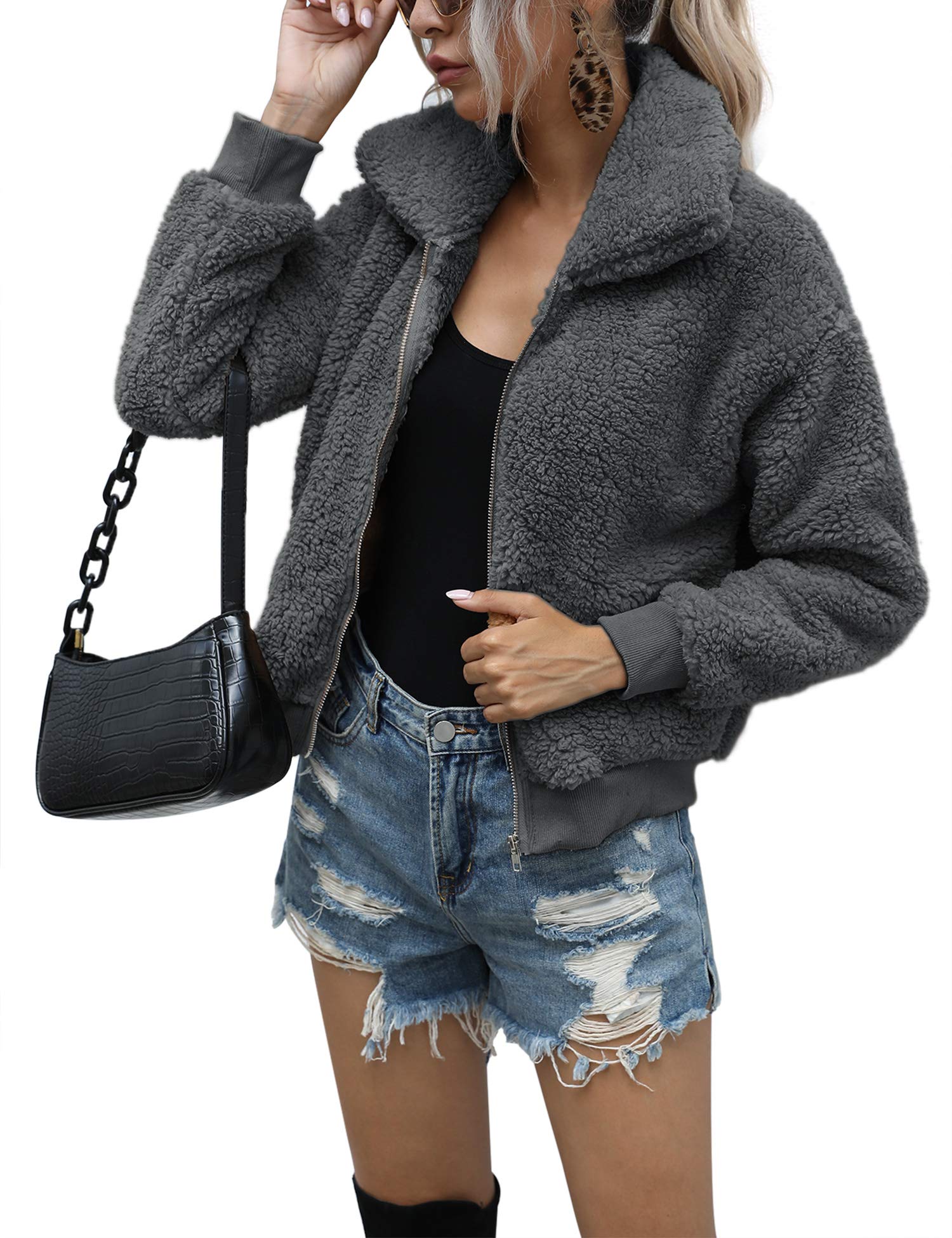 Women's Short Faux Fur Coat Casual Shaggy Jacket with Pockets Warm
