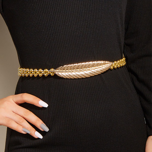 New Designer Golden Bead <strong>Chains</strong> Belts Skinny Elastic Stretchy Decorative <strong>Waistband</strong> Metal Elastic <strong>Chain</strong> Leaves Belt for Women