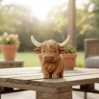 Statue en bois de vache des Highlands sculptée à la main - Décoration minimaliste de bureau et d'étagère, cadeau artisanal unique, sculpture d'animal de ferme mignonne