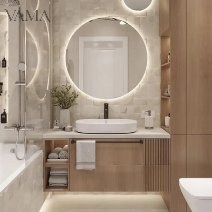 VAMA yeni model modern ev tasarımı 2022 yeni çıta kırmızı meşe ahşap banyo vanity açılan gemi lavabo ile