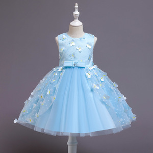 Robe de demoiselle d'honneur pour filles, en Tulle bleu clair, ligne A, sans manches, col rond, robe de princesse avec fleurs, robe de soirée pour enfants - Product Image 2
