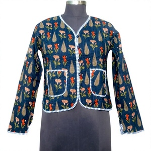 Veste matelassée en coton pour femmes décontractée, col en V, imprimé floral, manteau en coton fait à la main, blazer à manches courtes ou longues pour femmes - Product Image 1