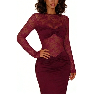 Robe longue en dentelle bordeaux pour femme, manches longues, détail corsage en dentelle transparente, robe de soirée élégante - Product Image 3