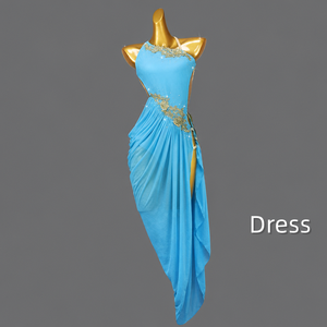 Robe de <span class=keywords><strong>danse</strong></span> latine bleu ciel à une épaule avec applique en dentelle dorée ornée de strass et jupe asymétrique drapée pour spectacle sur scène - Product Image 5