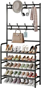 Modern Metal <b>Shoe</b> Rack Entryway Clothes Rail Organizer Multi Function <b>Storage</b> Shelf with <b>Hanging</b> Hooks for Hallway - Product Image 5