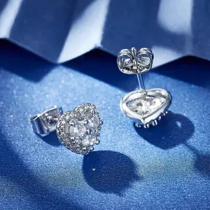 Classic Top Fashion Heart Stud Earrings Silver 14K Plating Rhodium Platinum Claw Setting Inlay Brass Heart Stud Jewelry