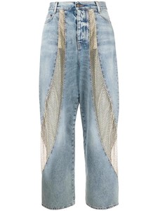 Pantalones de mujer de cintura alta y pierna ancha, vaqueros con diseño de rejilla hueca, perforaciones láser y diamantes incrustados, con lavado sostenible - Product Image 2