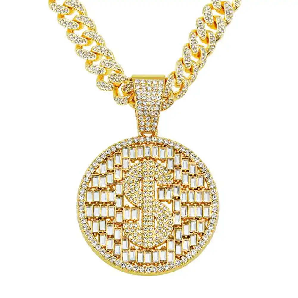 Hip-hop full diamond dollar round card hollowed-out pendant Cuban chain necklace Men's cool overbearing exaggerated accessories