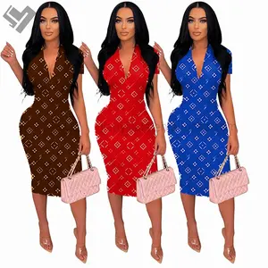 2023 Berühmte Marke Frauen Elegantes Freizeit kleid Designer Print Sommer Kurzarm V-Ausschnitt Sexy Bodycon Slim Fits Midi kleid