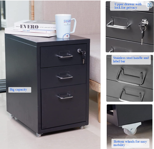 خزانة تخزين بثلاثة أدراج تحت المكتب، طاولة جانبية معدنية صغيرة قابلة للقفل مع عجلات - Product Image 5