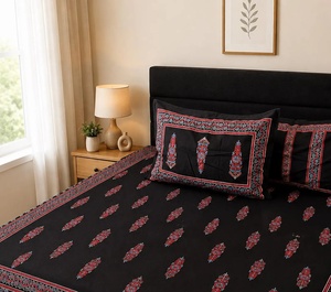 Black Cotton Bedsheet Set King Size <b>Flat</b> Sheet with 2 <b>Pillow</b> Covers Traditional Indian Floral Bedding Soft Cotton Home Decor - Product Image 4