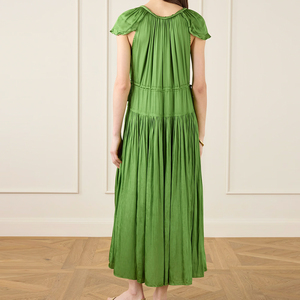 Abito Midi Fluido con Volant in Raso <span class=keywords><strong>Verde</strong></span> a Maniche Corte e Vita con Coulisse, Personalizzato da Wisrise Fashion Factory per <span class=keywords><strong>Donna</strong></span> - Product Image 2