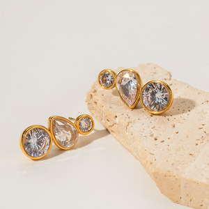 <b>Stud</b> <b>Earrings</b> Geometric Zircon Bezel Setting 18K Gold Plated Stainless Steel Everyday Wear - Product Image 2