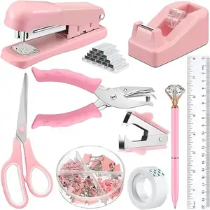 Super Quality Pink Desktop Office Supplies Punch Stapler Paper Clip Scissors Stationery Set