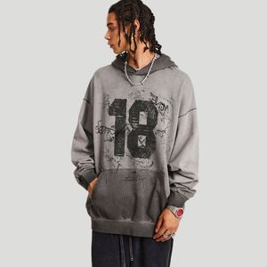 Otoño tendencia hombres 380G Sudadera con capucha American Retro Street Washed 100% algodón Digital impreso forrado pulóver - Product Image 4