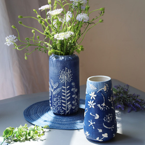 Blue and White Porcelain Vase Ceramic Vintage Vase Blue Realm Flower Arrange Decorative <b>Ornaments</b> Hand-painted Embossed Vase - Product Image 1