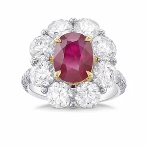 Custom Fine Jewelry 14k 18k Solid Gold Extraordinary Oval Ruby and Diamond Floral Halo Ring