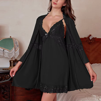 Conjunto de lencería de 3 piezas al por mayor para mujer, bata de satén y camisón de encaje, ropa de dormir sexy y sedosa, ropa de estar para novias con tanga.