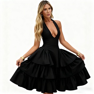 เดรสสั้นผ้าทอเนื้อแน่นสำหรับผู้หญิง คอวีลึก ผูกโบว์ด้านหลัง โชว์หลัง เซ็กซี่ เหมาะสำหรับฤดูร้อน ใส่ไปเที่ยวคลับ งานเลี้ยงค็อกเทล หรืองานพรอม - Product Image 1