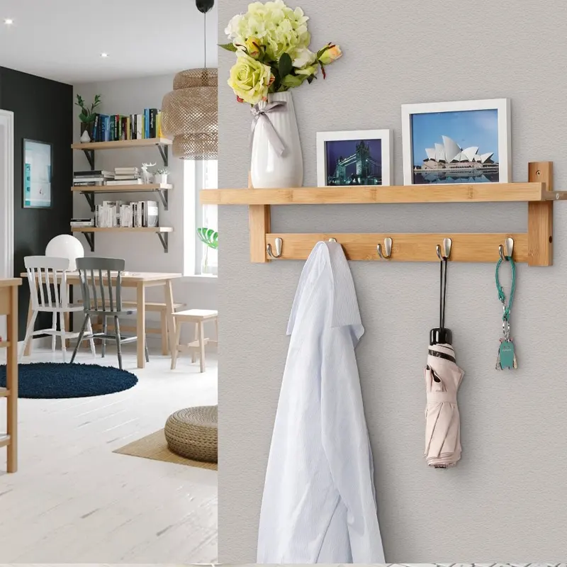 Wall Mounted Bamboo Coat Rack With 6 Metal Hooks And Upper Shelf For Storage