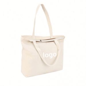 Sac fourre-tout réutilisable en toile de coton naturel beige de 12 oz, petit format, robuste, avec fermeture éclair, idéal pour la plage et les cadeaux de voyage - Product Image 1