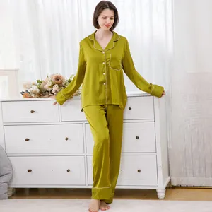 Customized Ladies Button Down Pjs Loungewear 2pcs Female Soild Silk Like Satin Pajamas Set Women Sleepwear