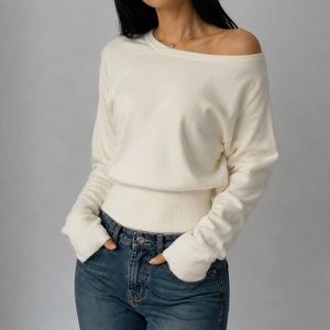 Pull en tricot à épaules dénudées pour femmes, manches longues, couleur unie, coupe ample, doux, chaud, décontracté, automne-hiver - Product Image 5